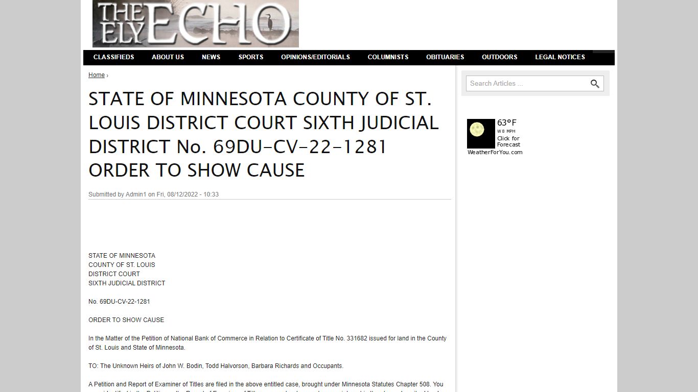 STATE OF MINNESOTA COUNTY OF ST. LOUIS DISTRICT COURT SIXTH JUDICIAL ...